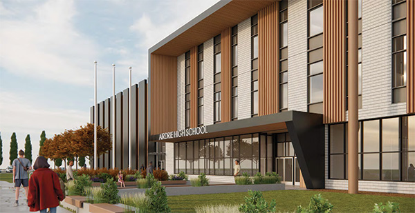 A digital rendering of a school building